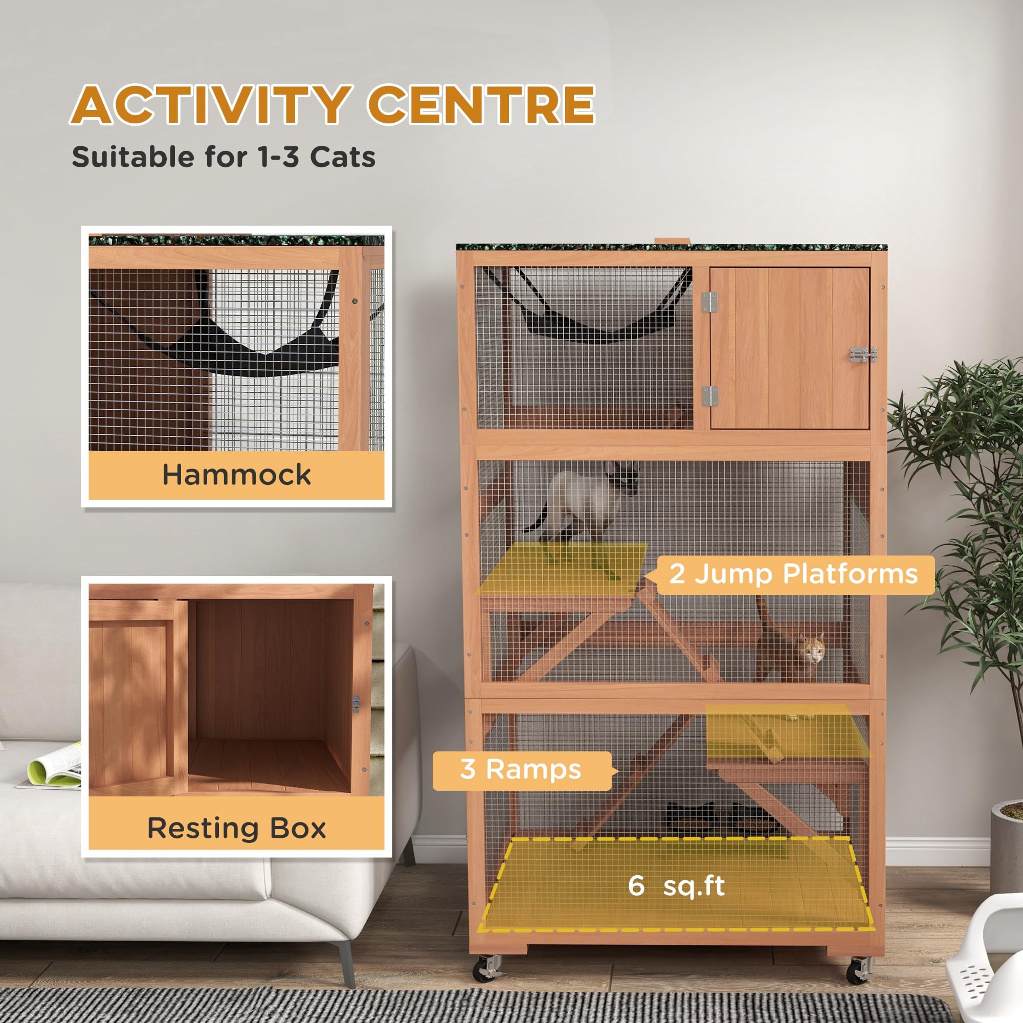 Pawhut 2 Piece Catio, Outdoor Cat Enclosure House, Wooden Feral Cat Shelter On Wheels, Cat Cage With Hammocks, Platforms Ramps,